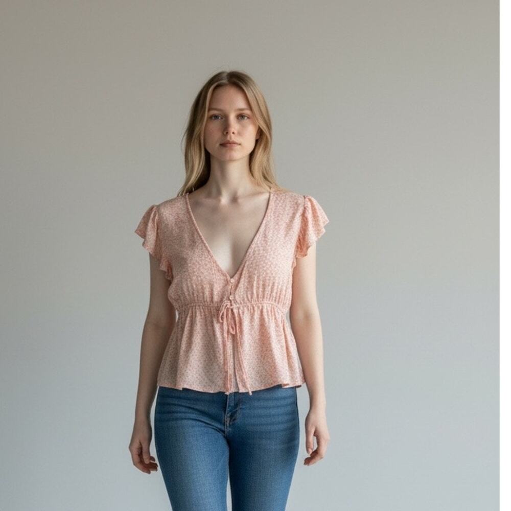 Wild Fable Pink Floral Rayon Ruffle Peplum Blouse - Size M